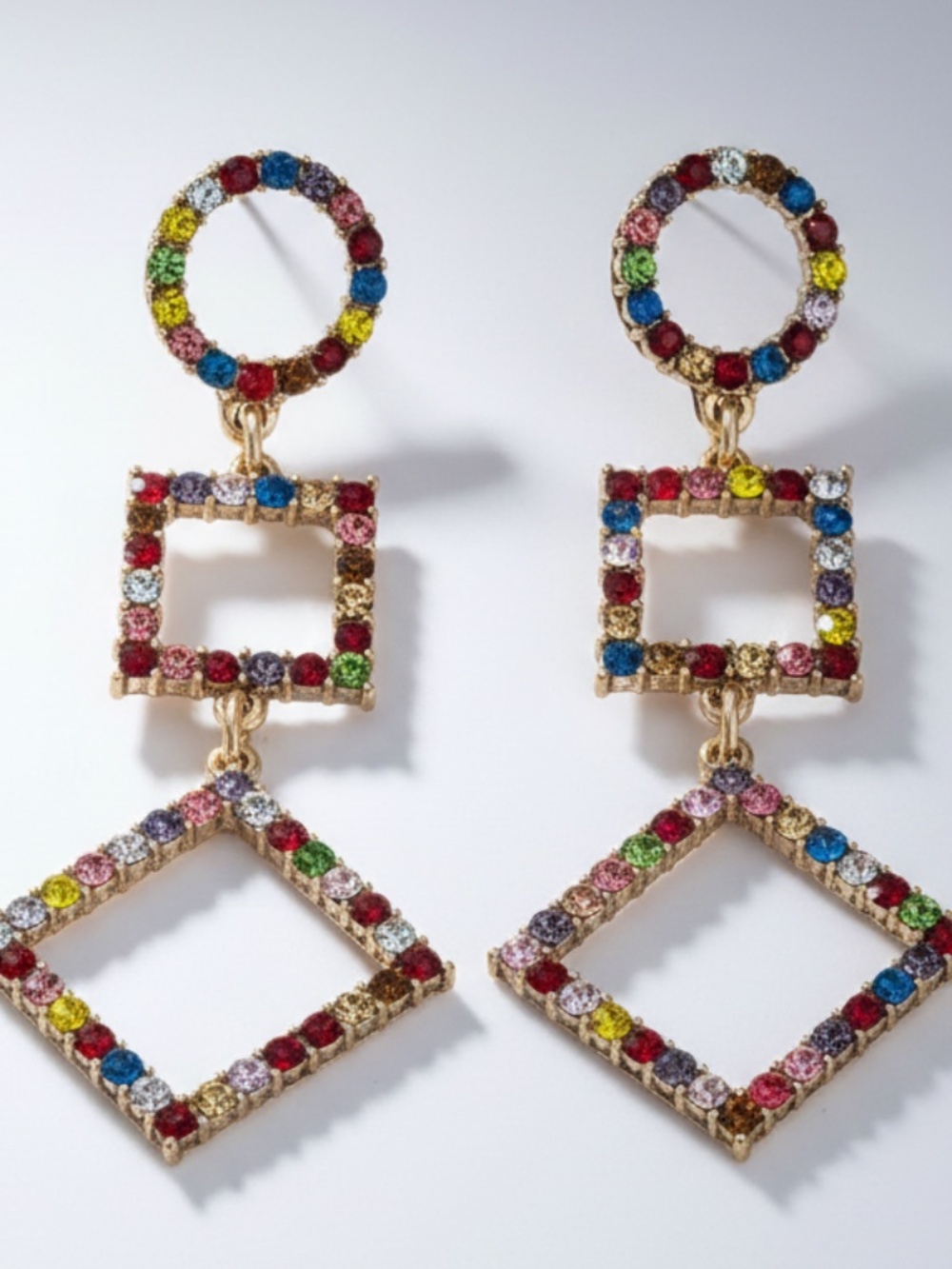 Womens Multi-Color Rhinestone Geometric Long Earrings